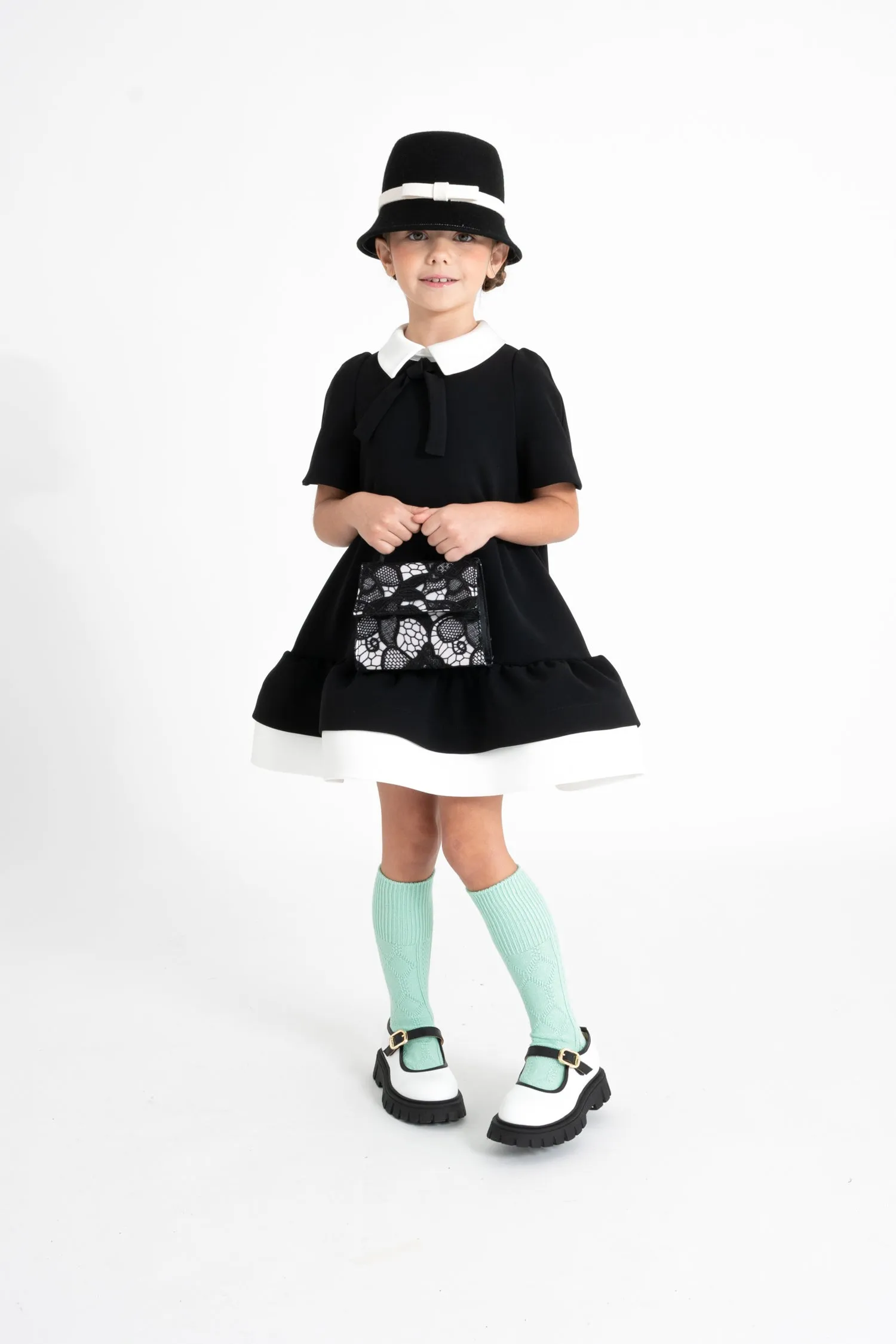 Black White Flounce Crepe Dress