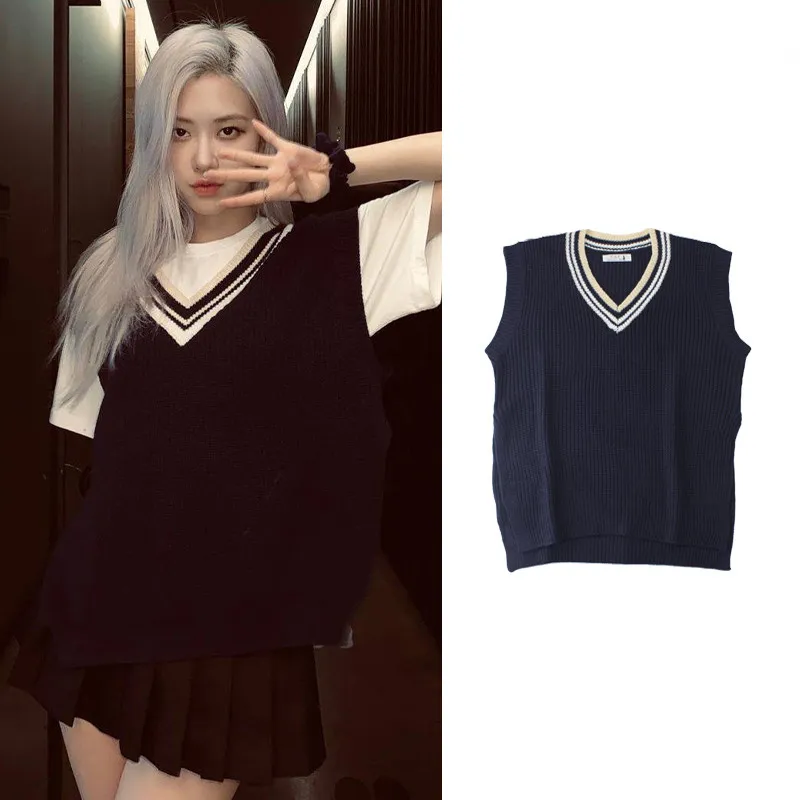 Blackpink kPop Rose Park College style versatile loose knitted vest women knitwear sweater 3D cut women top