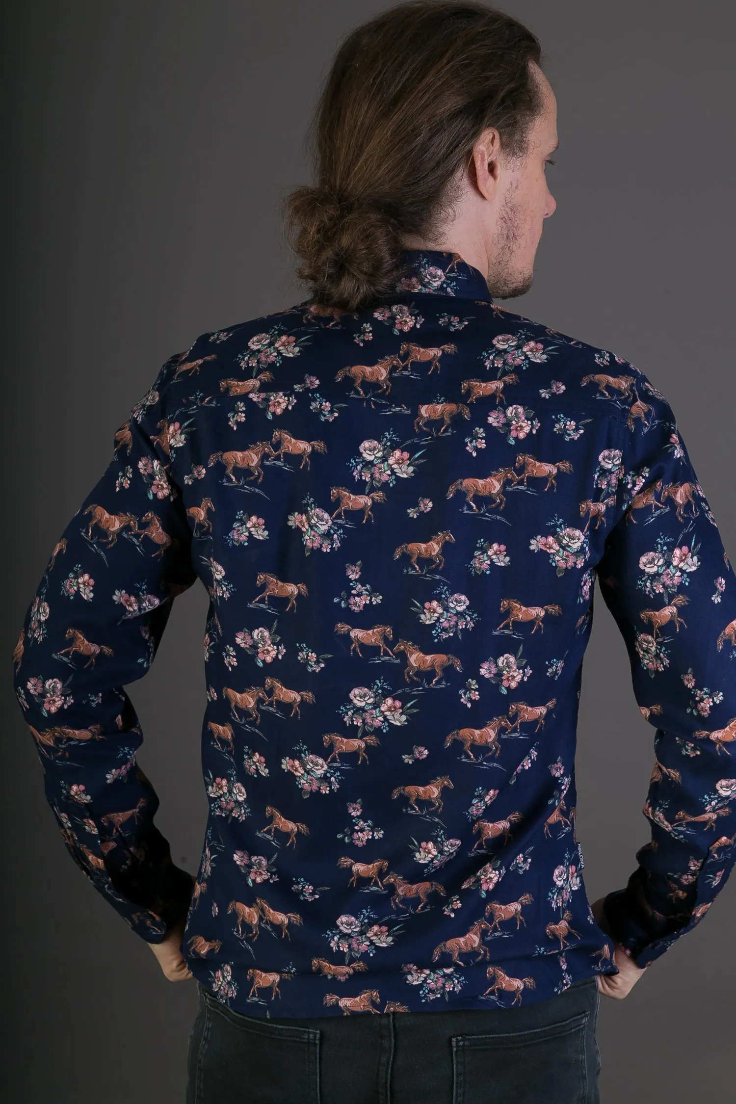 Blue Horses Floral Print Cotton Slim Fit Mens Shirt Long Sleeve