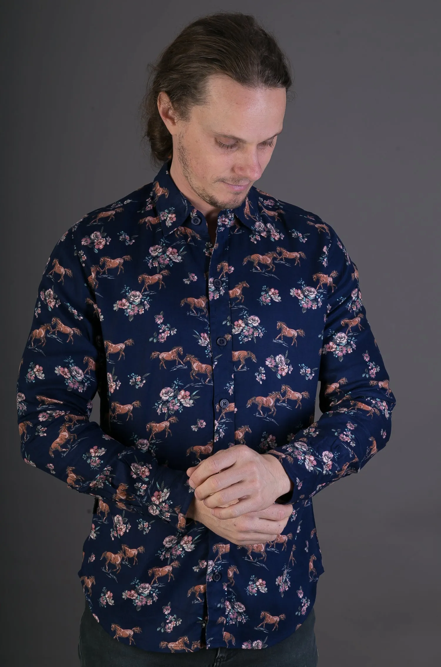 Blue Horses Floral Print Cotton Slim Fit Mens Shirt Long Sleeve