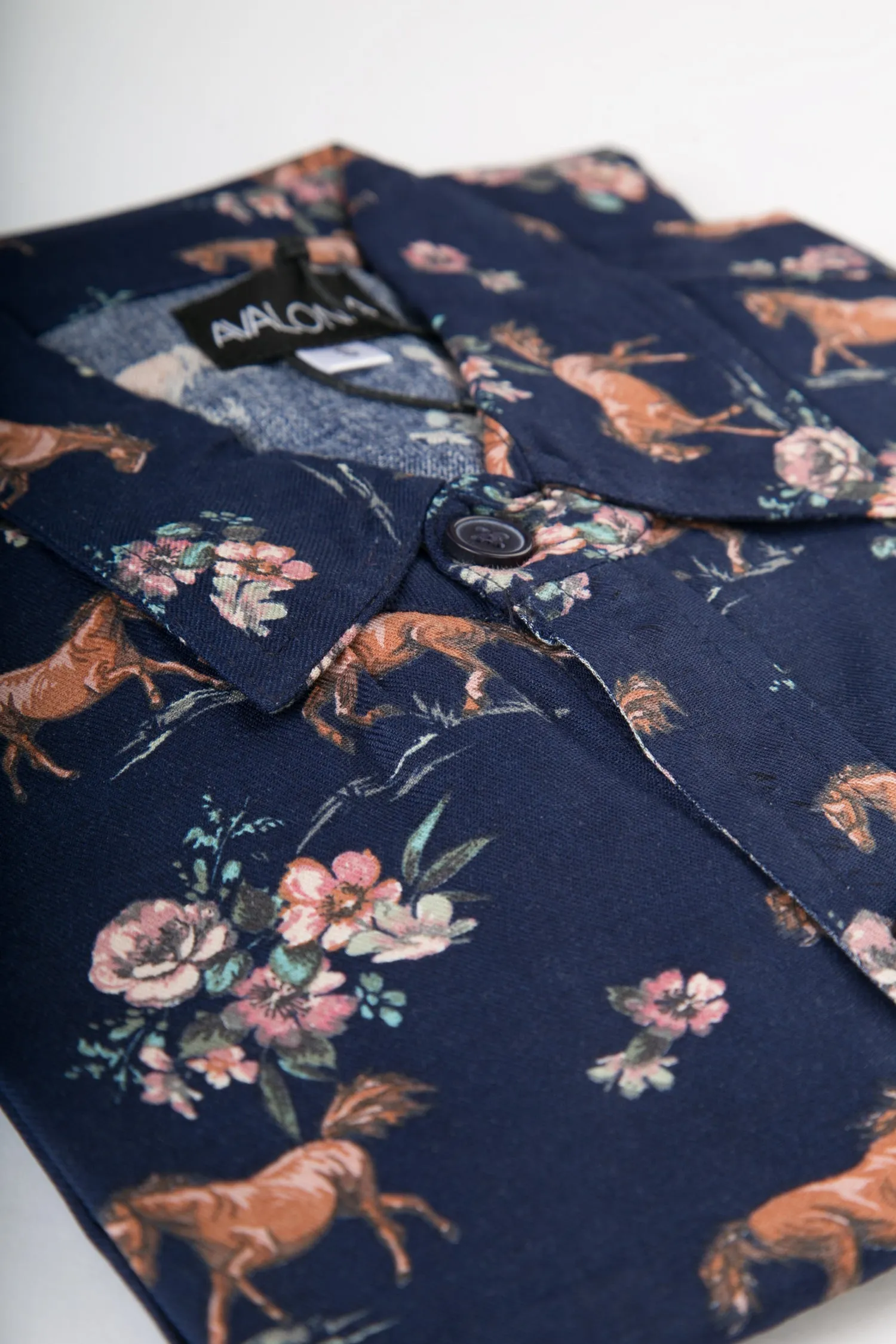 Blue Horses Floral Print Cotton Slim Fit Mens Shirt Long Sleeve