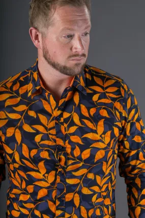 Blue Orange Floral Print Cotton Slim and Regular Fit Mens Shirt Long Sleeve