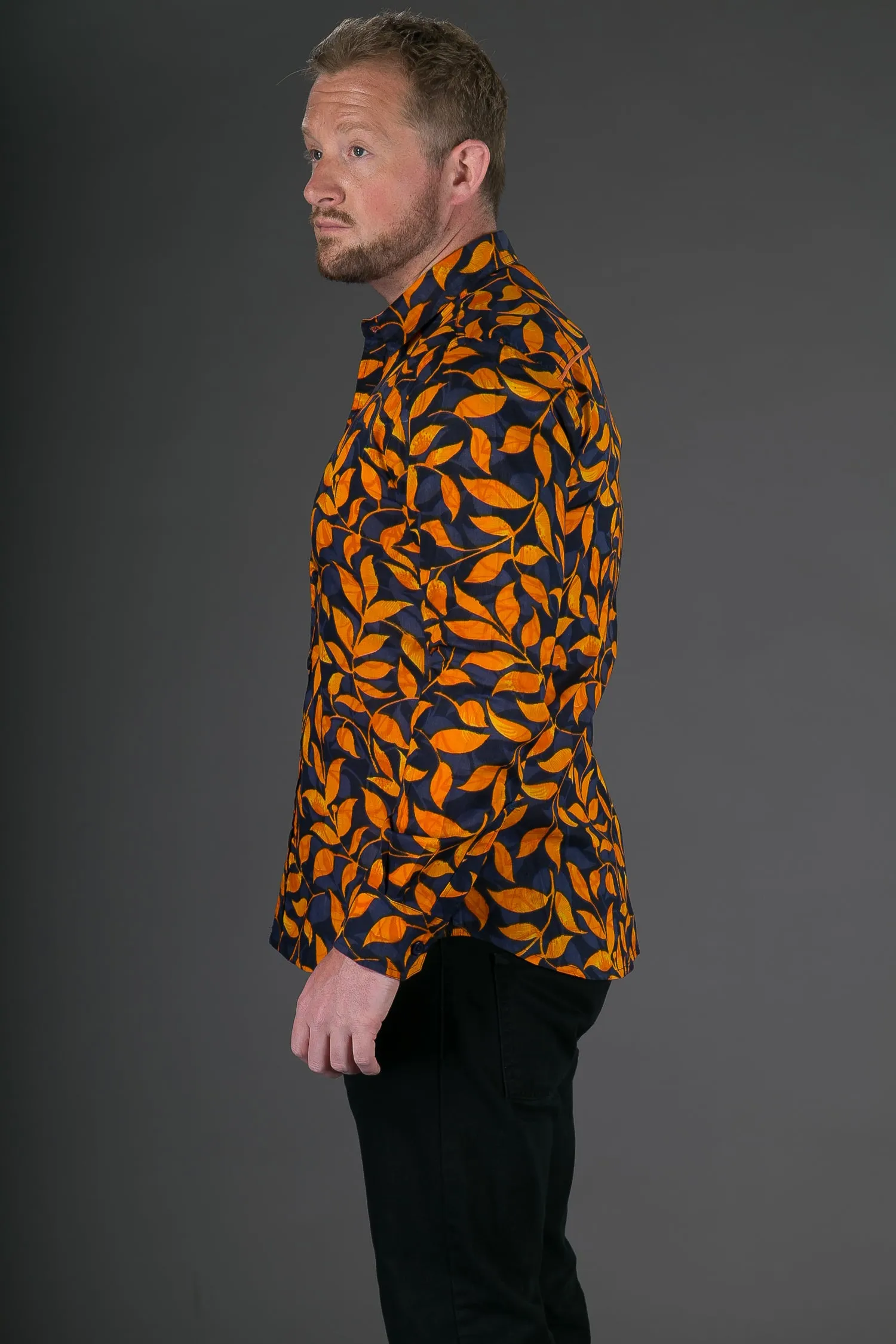 Blue Orange Floral Print Cotton Slim and Regular Fit Mens Shirt Long Sleeve