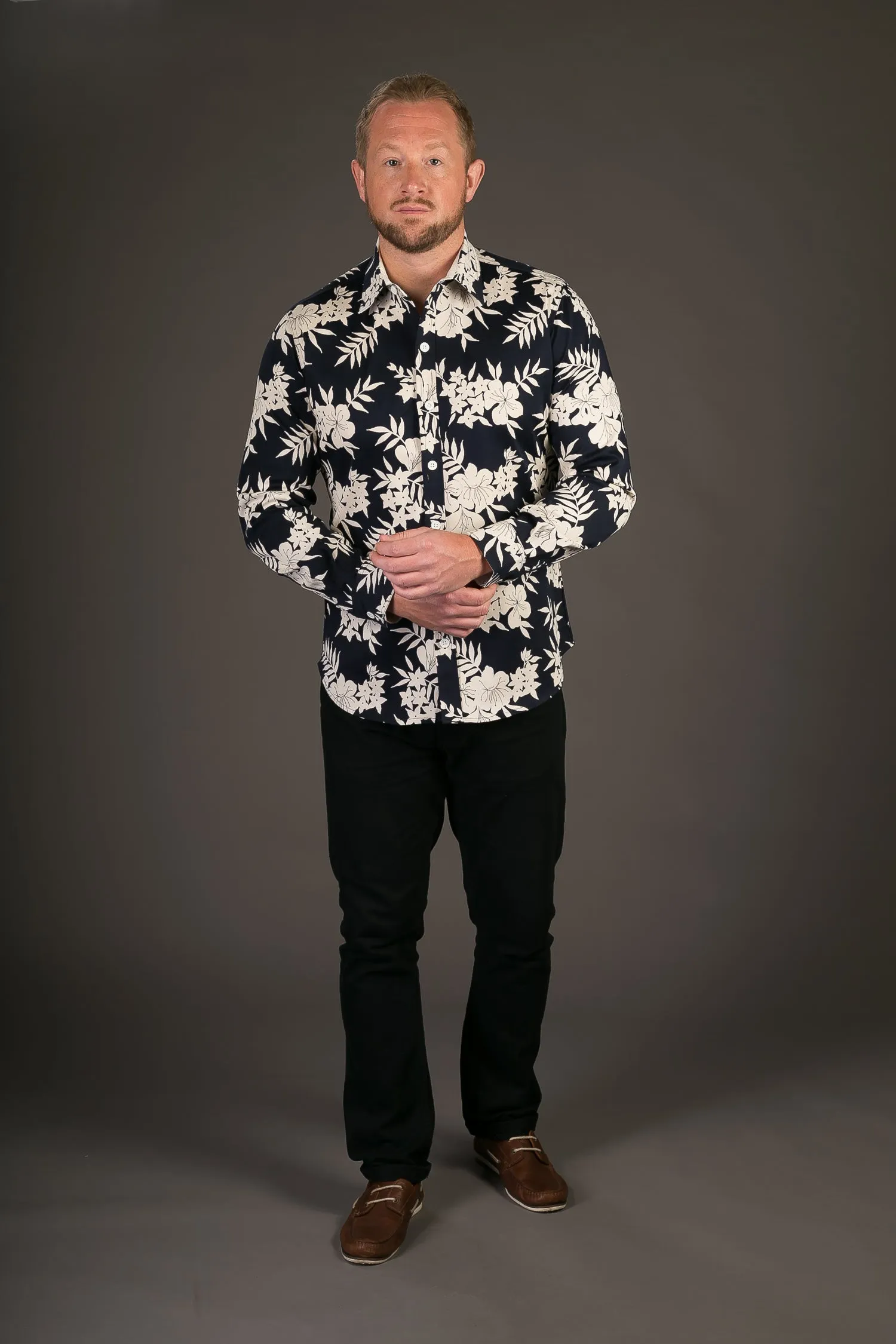 Blue White Floral Print Cotton Slim Fit Mens Shirt Long Sleeve