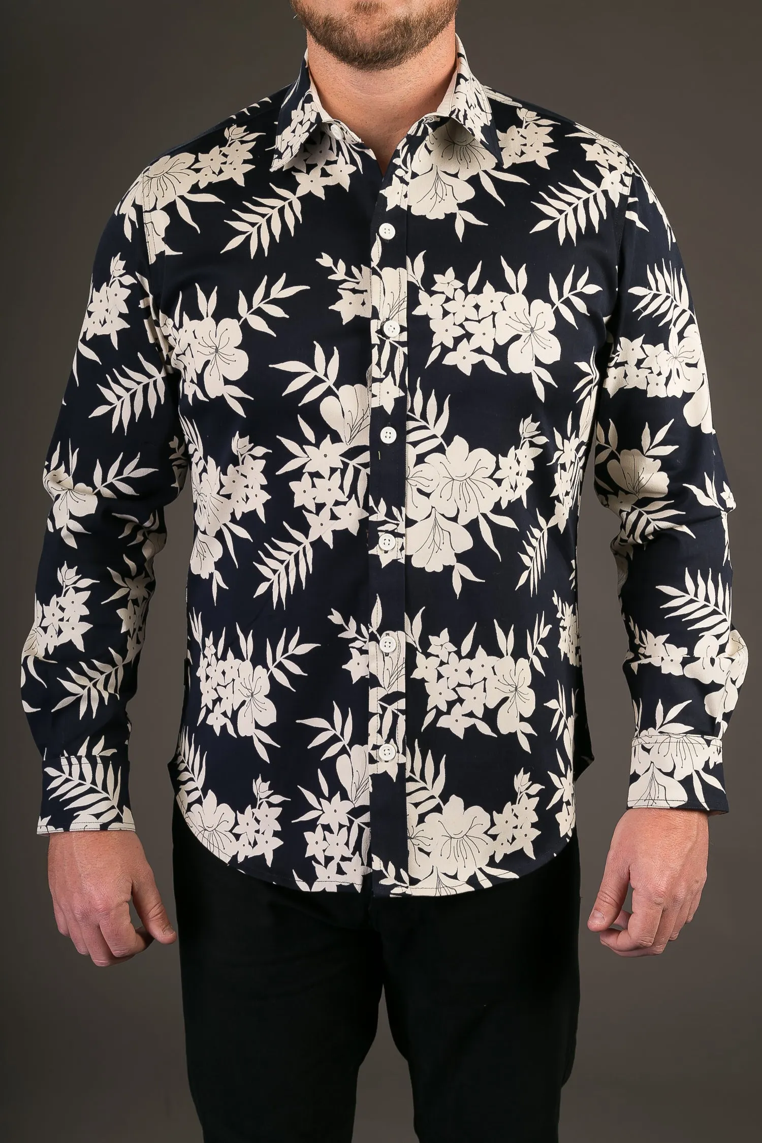 Blue White Floral Print Cotton Slim Fit Mens Shirt Long Sleeve