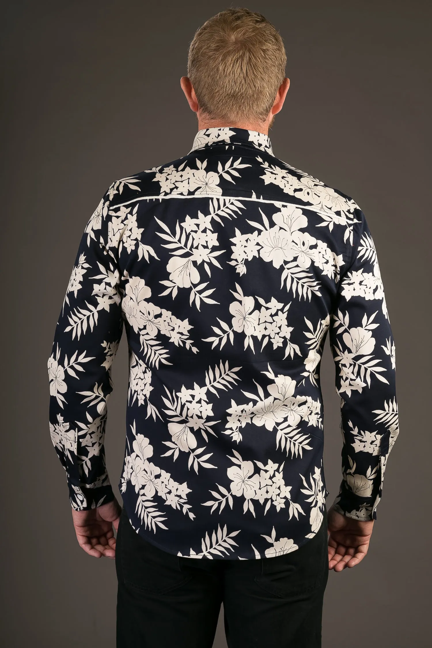 Blue White Floral Print Cotton Slim Fit Mens Shirt Long Sleeve