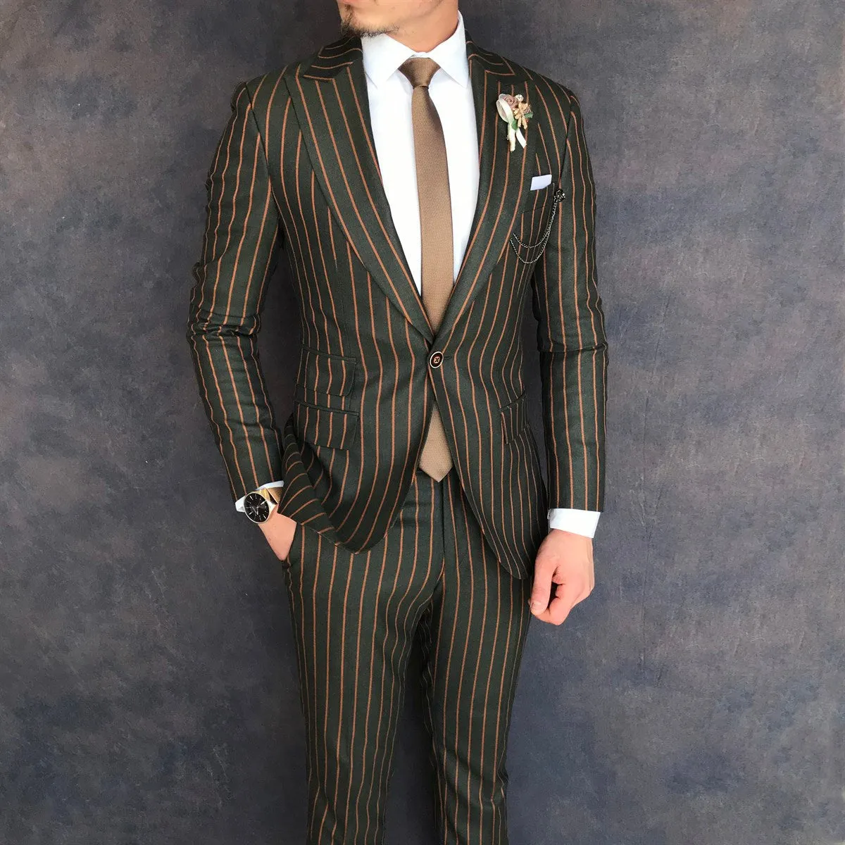 Bojoni Green Striped Slim-Fit Suit 2-Piece