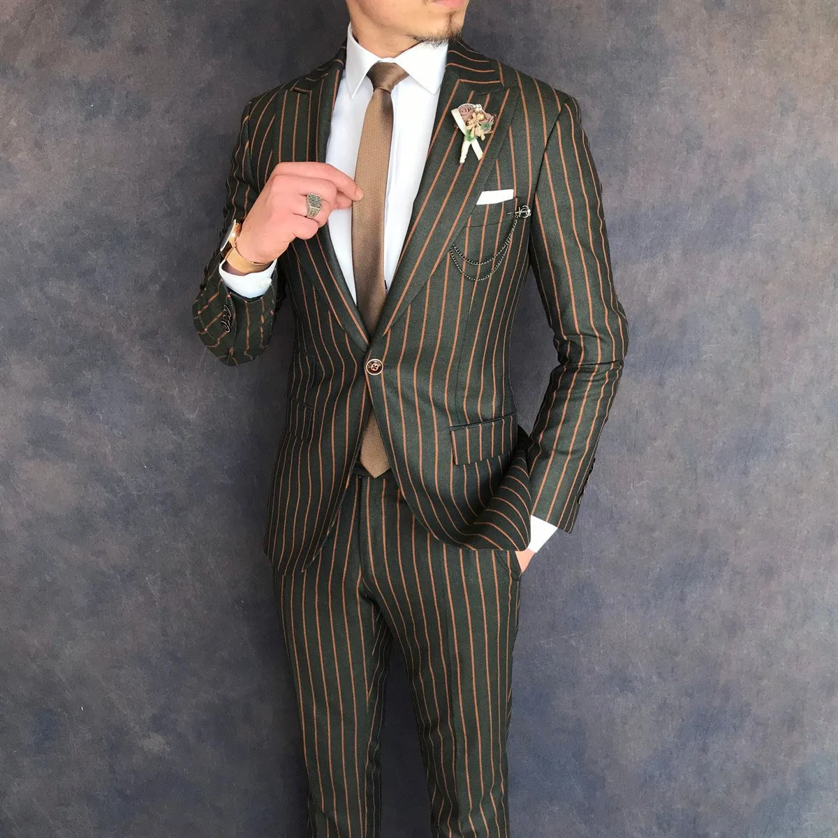 Bojoni Green Striped Slim-Fit Suit 2-Piece