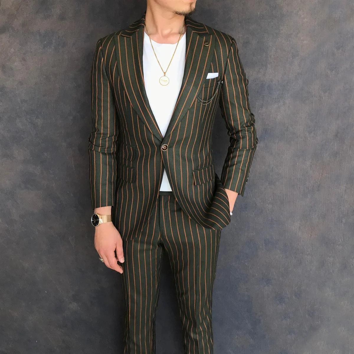 Bojoni Green Striped Slim-Fit Suit 2-Piece