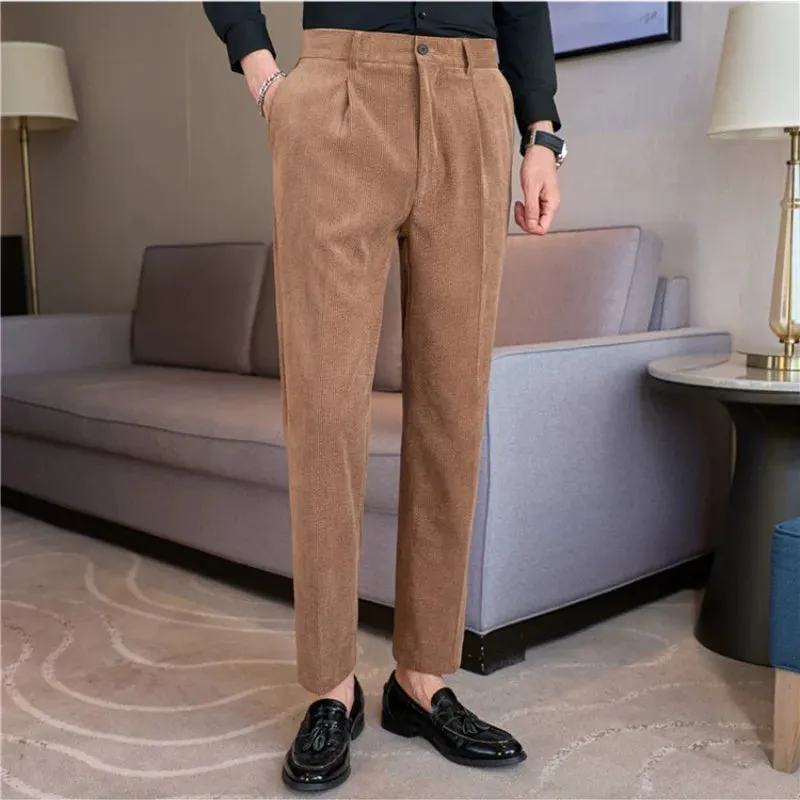 Bonsir Autumn Winter Men Corduroy Suit Pant Elastic Waist Woolen Trousers Fashion Business Office Slim Fit Casual Woolen Dress Pants