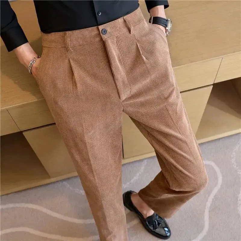 Bonsir Autumn Winter Men Corduroy Suit Pant Elastic Waist Woolen Trousers Fashion Business Office Slim Fit Casual Woolen Dress Pants