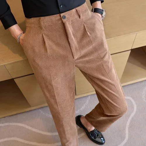 Bonsir Autumn Winter Men Corduroy Suit Pant Elastic Waist Woolen Trousers Fashion Business Office Slim Fit Casual Woolen Dress Pants