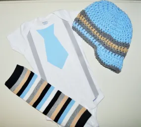 Boy Easter Outfit, tie bodysuit, gray and blue newspaper boy hat, blue and gray cake smash set, smash cake outfit with hat, legwarmers