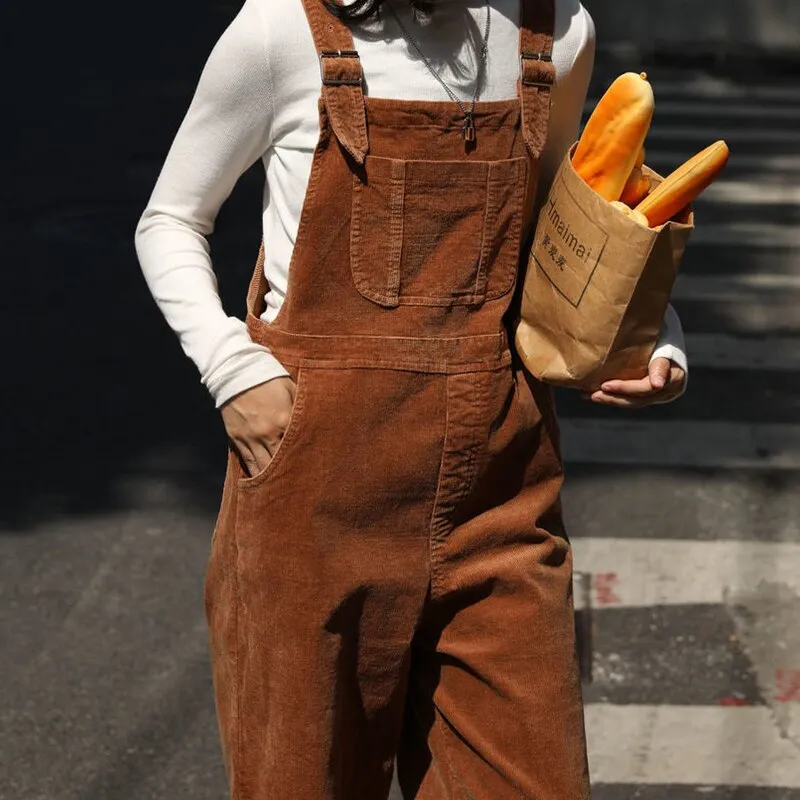 Brown Corduroy Jumpsuits Women Autumn Straight Baggy Loose Casual Wide Leg Trousers Female