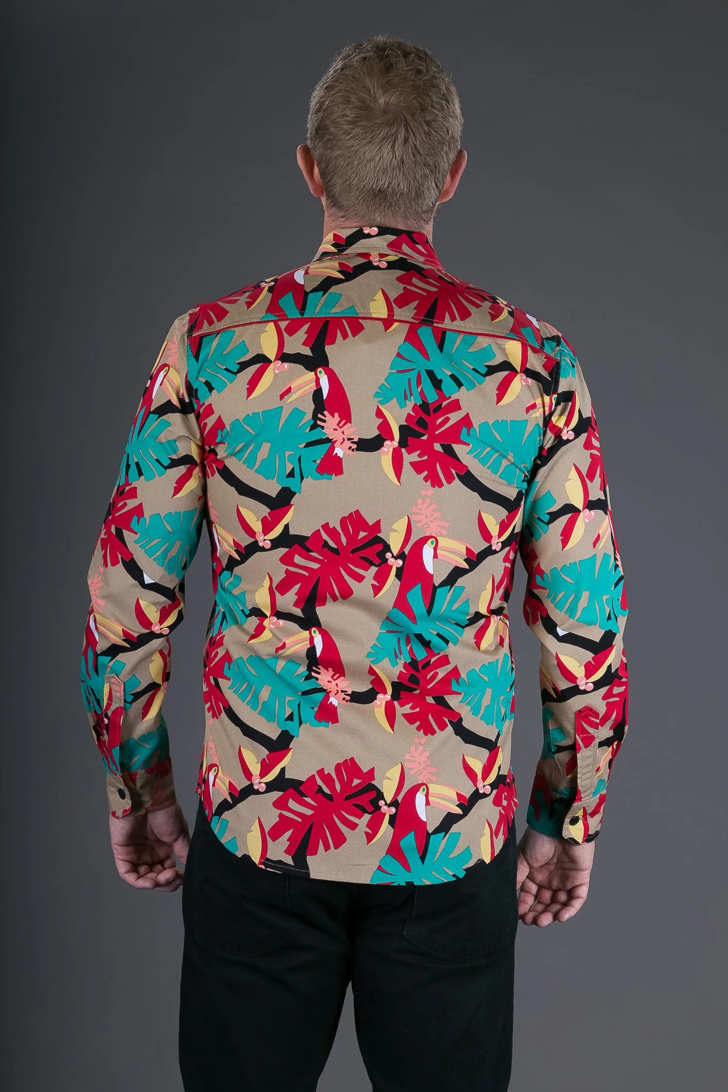 Brown Red Toucan Bird Print Cotton Slim Fit Mens Shirt Long Sleeve