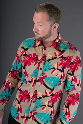 Brown Red Toucan Bird Print Cotton Slim Fit Mens Shirt Long Sleeve