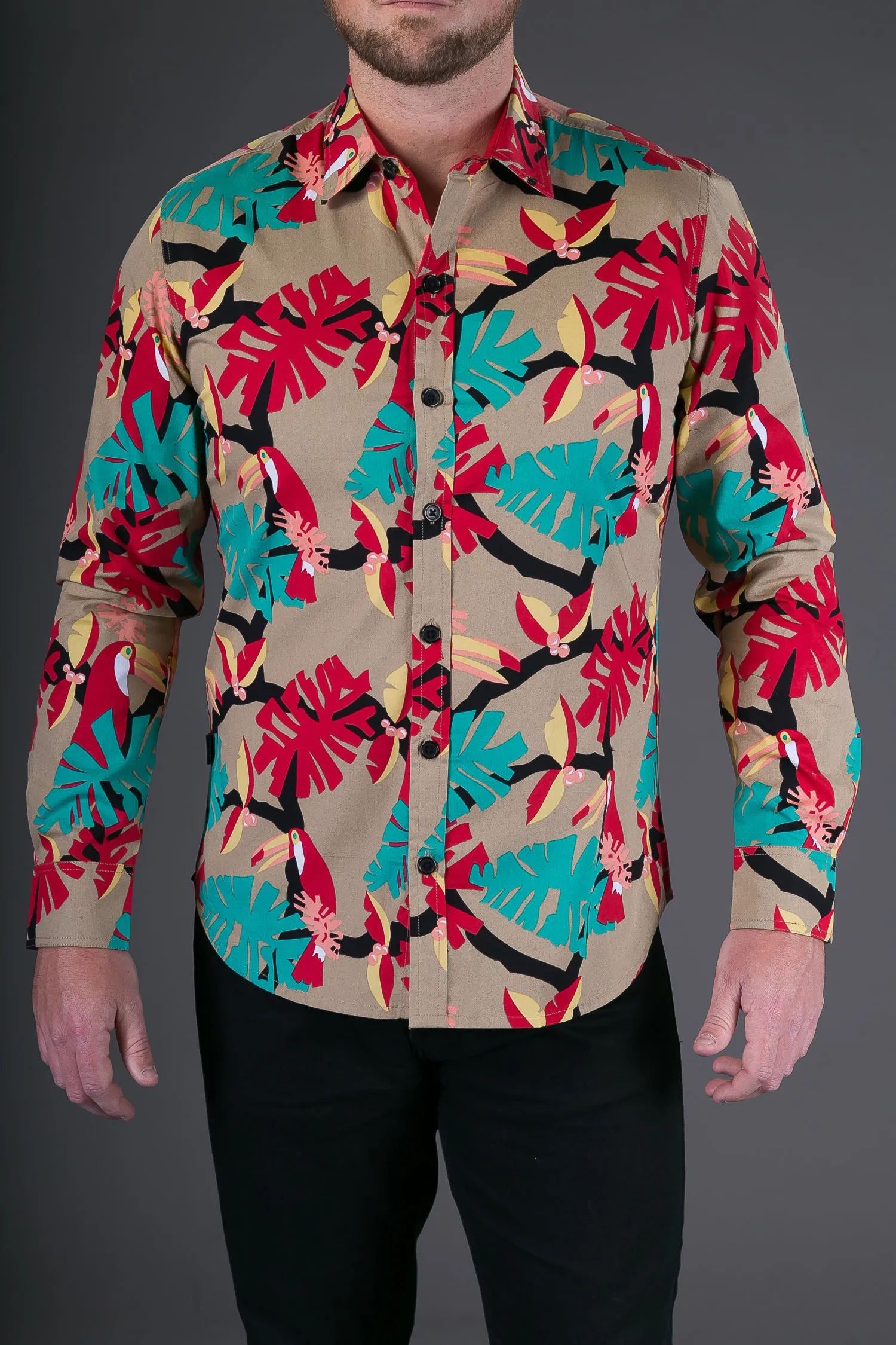 Brown Red Toucan Bird Print Cotton Slim Fit Mens Shirt Long Sleeve