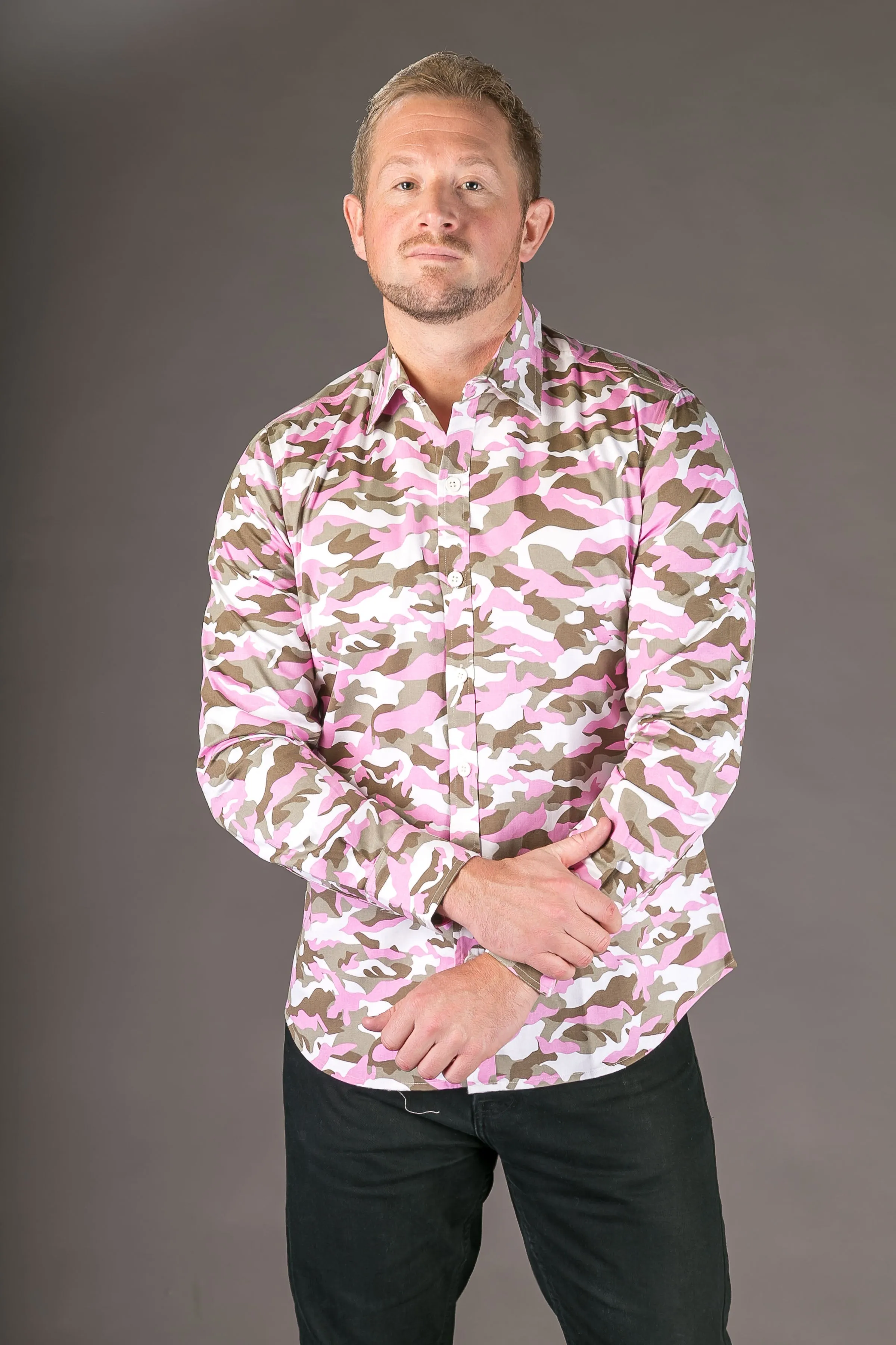 Camouflage Pink Print Cotton Slim Fit Mens Shirt Long Sleeve