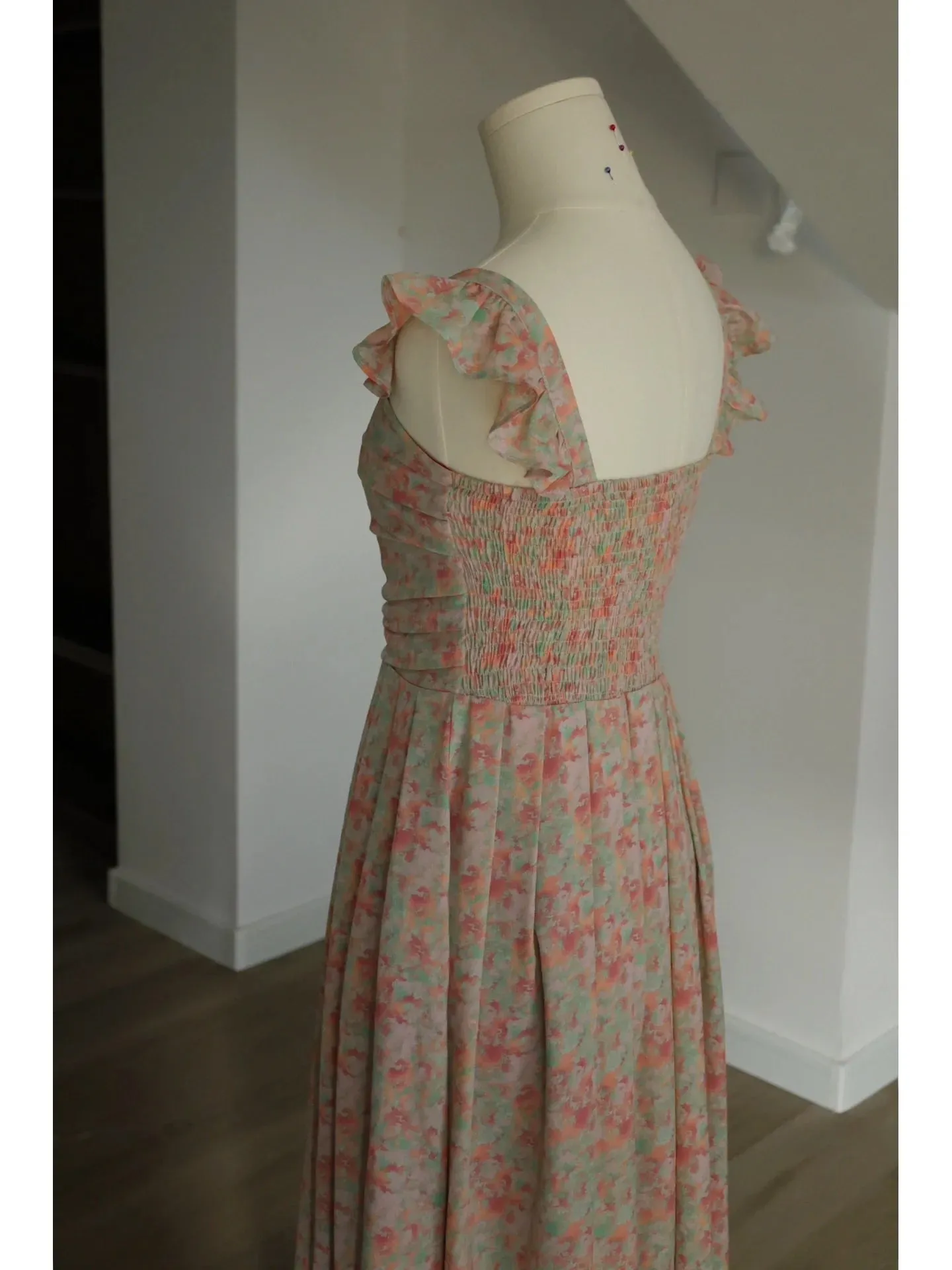 Cap Sleeves Floral Box Pleats 50s Style Swing Dress