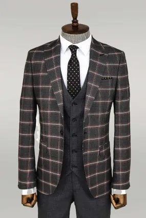 Checked Patterned Black Slim Fit Suit - Wessi