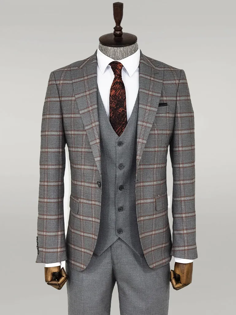 Checked Patterned Grey Slim Fit Suit - Wessi