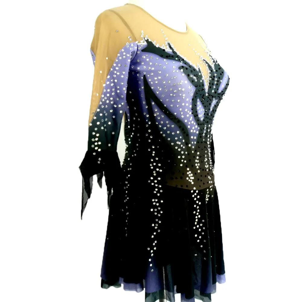 Competition Figure Skating Dress Blue & Black 3/4 Length Sleeves Crystals BSU200214.1