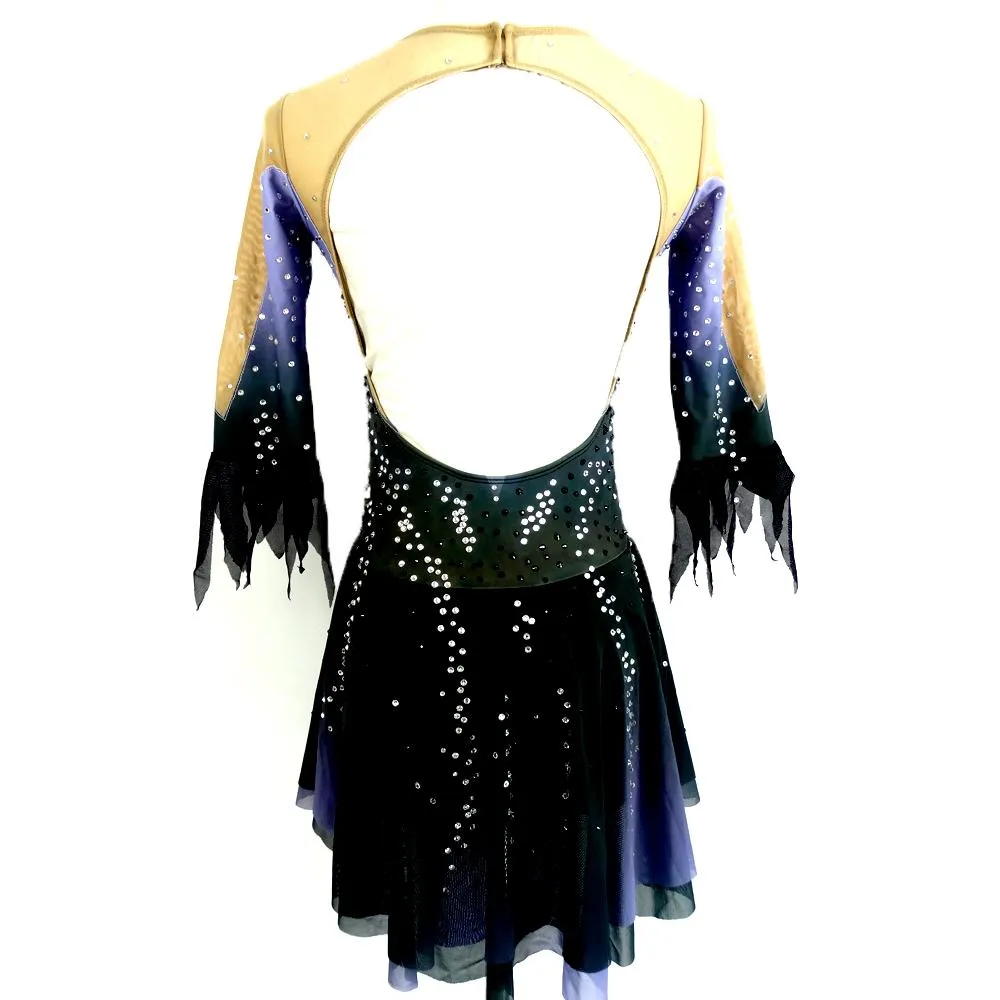 Competition Figure Skating Dress Blue & Black 3/4 Length Sleeves Crystals BSU200214.1