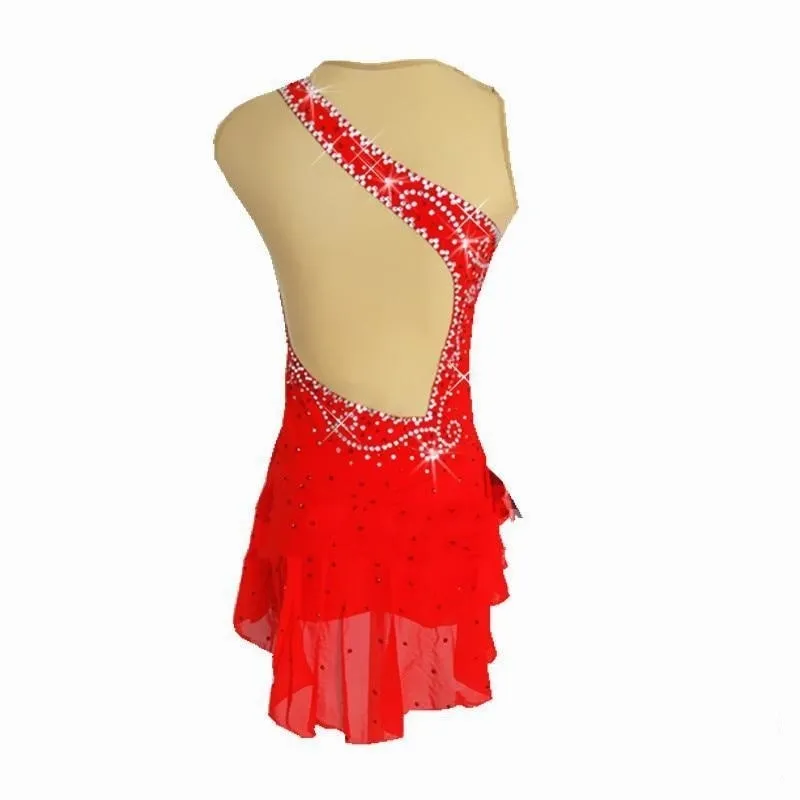 Competition Figure Skating Dress Sleevess Red & Crystals