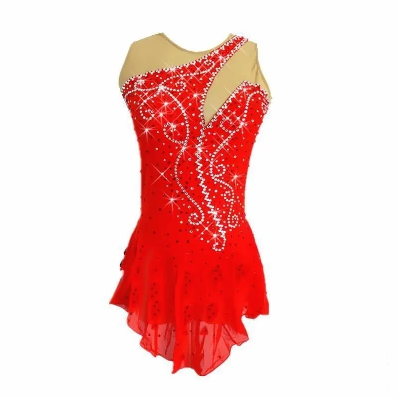 Competition Figure Skating Dress Sleevess Red & Crystals