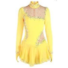 Competition Figure Skating Dress Yellow Long Sleeves & Available in 10 Colors