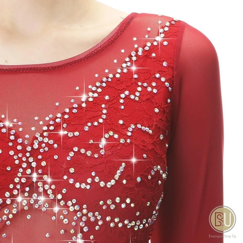 Competition Skating Dress Red Lace & Mesh Long Sleeves