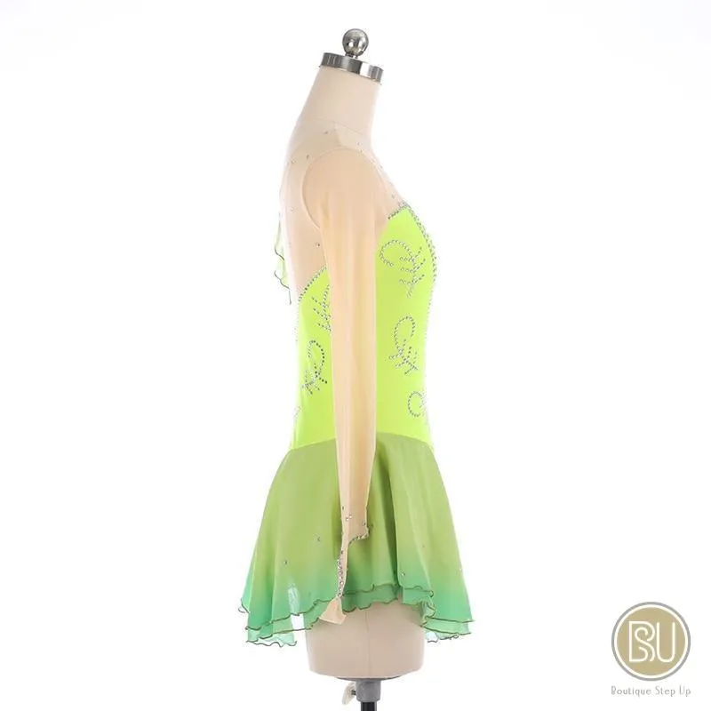 Competition Skating Dress with Crystals Long Sleeves, Lime Green Colours