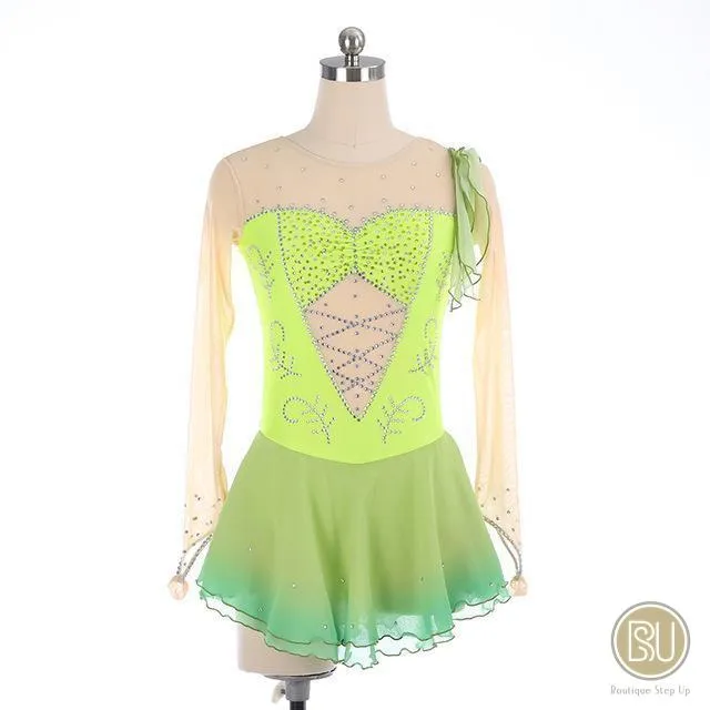 Competition Skating Dress with Crystals Long Sleeves, Lime Green Colours