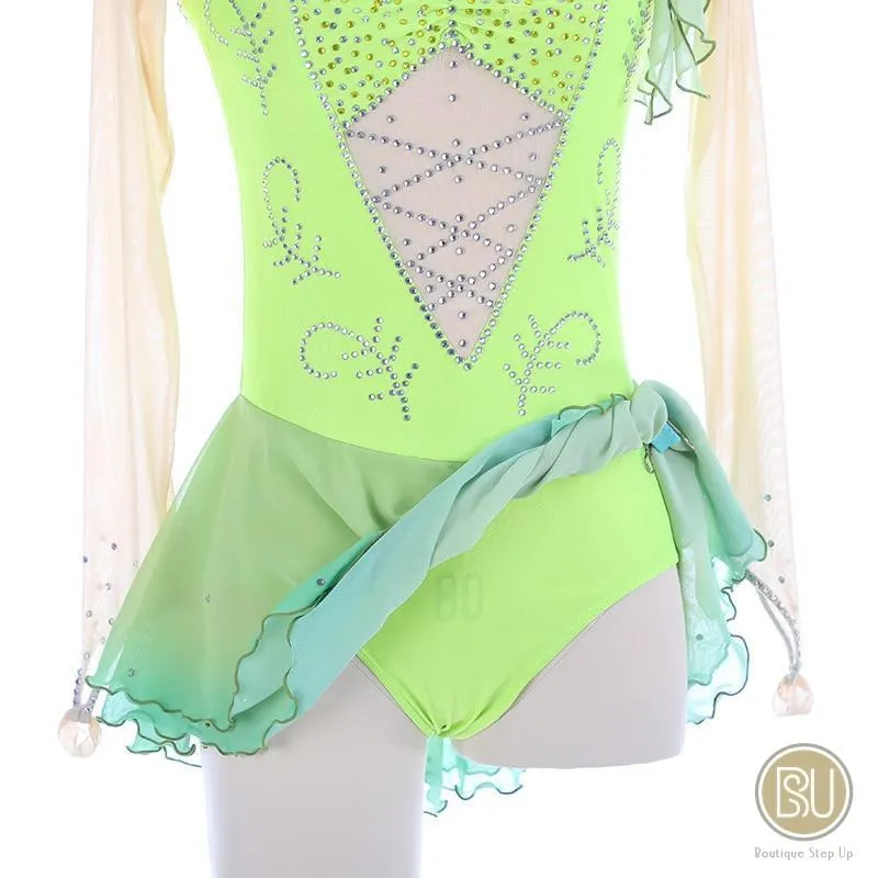 Competition Skating Dress with Crystals Long Sleeves, Lime Green Colours