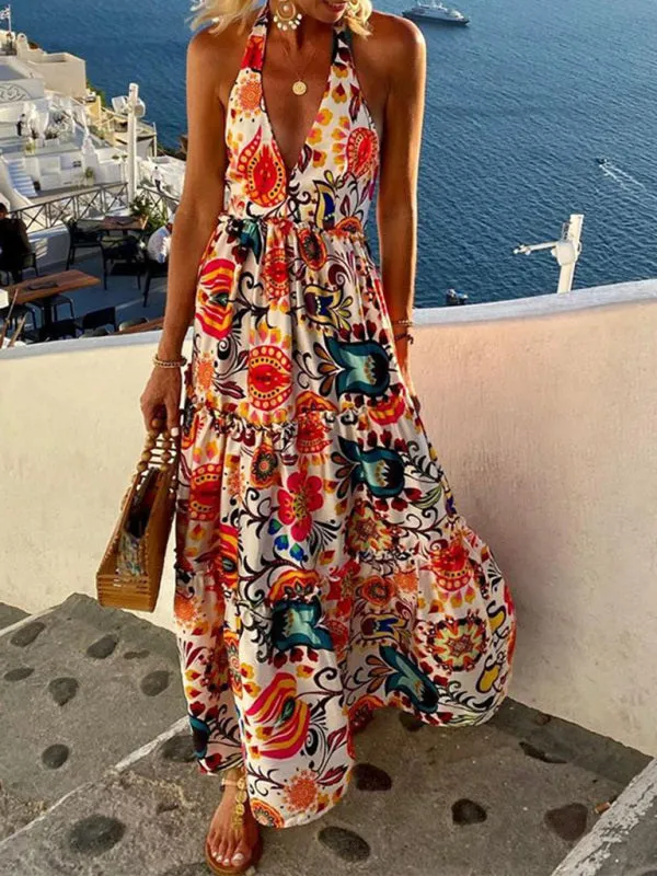 Deep V Halter Neck Backless Sleeveless Printed Dress