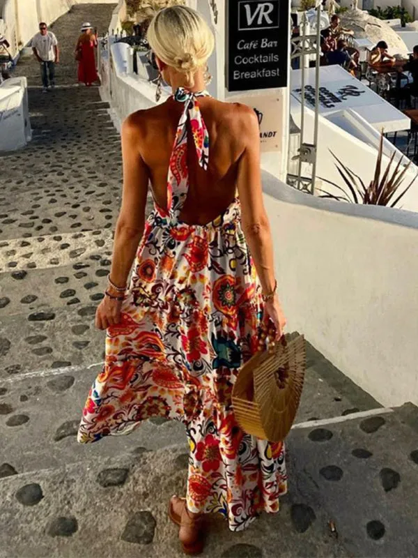 Deep V Halter Neck Backless Sleeveless Printed Dress