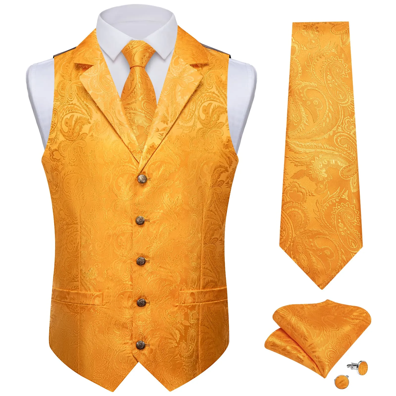 DiBanGu Carrot Orange Paisley Silk Notched Collar Slim Fit Mens Waistcoat Tie Set