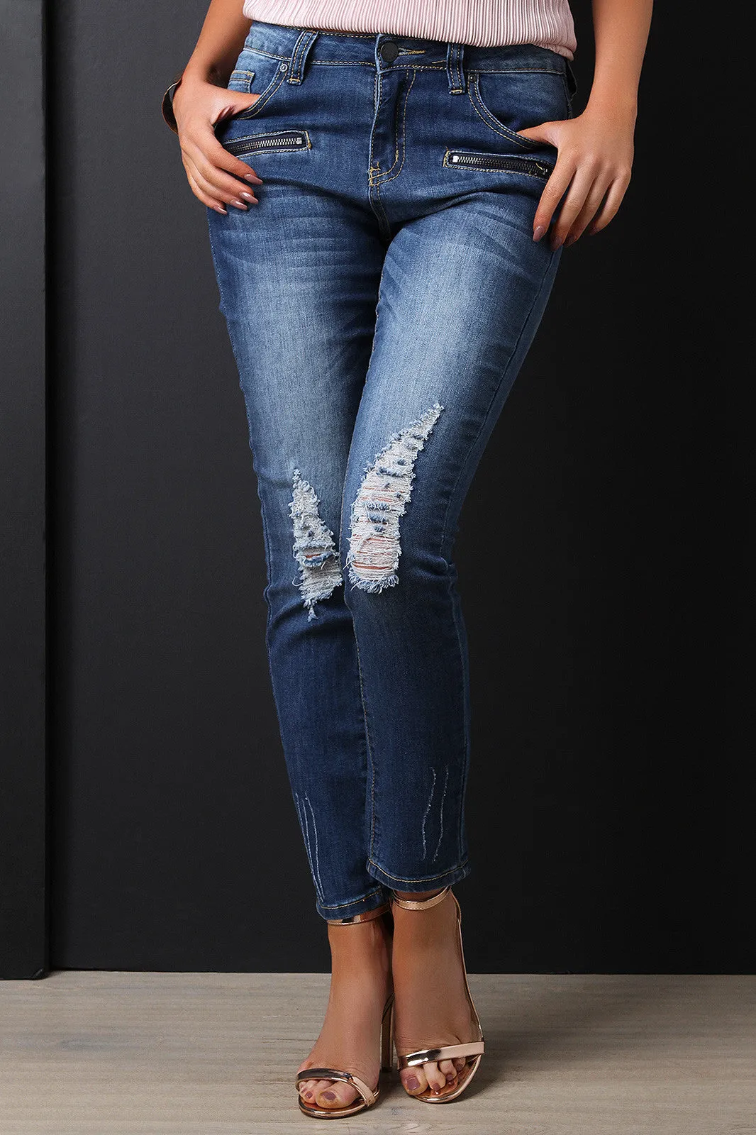 Distressed Pocket Zipper Skinny Jeans