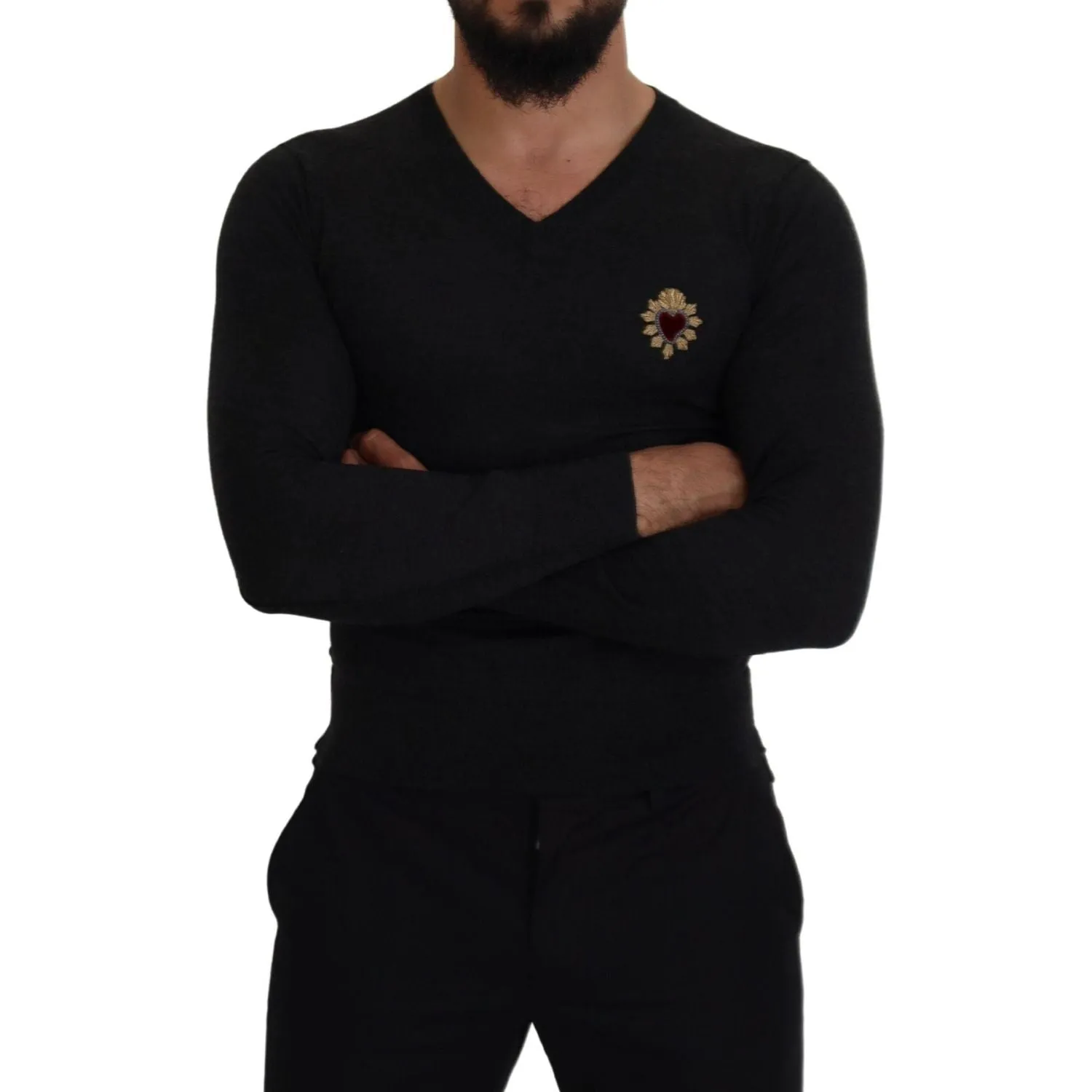 Dolce & Gabbana V-Neck Cashmere Sweater with Heart Embroidery