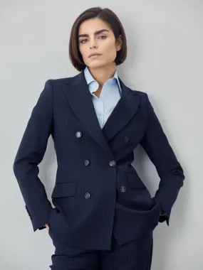 Double Breasted Dark Blue Pinstripes Suit In Wool Blend