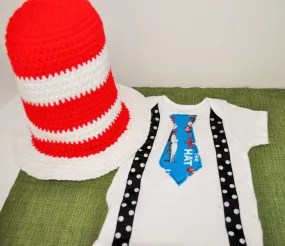 Dr. Seuss cake smash tie and black with white polka dot suspenders and red and white crochet Dr Seuss hat . birthday, cake smash