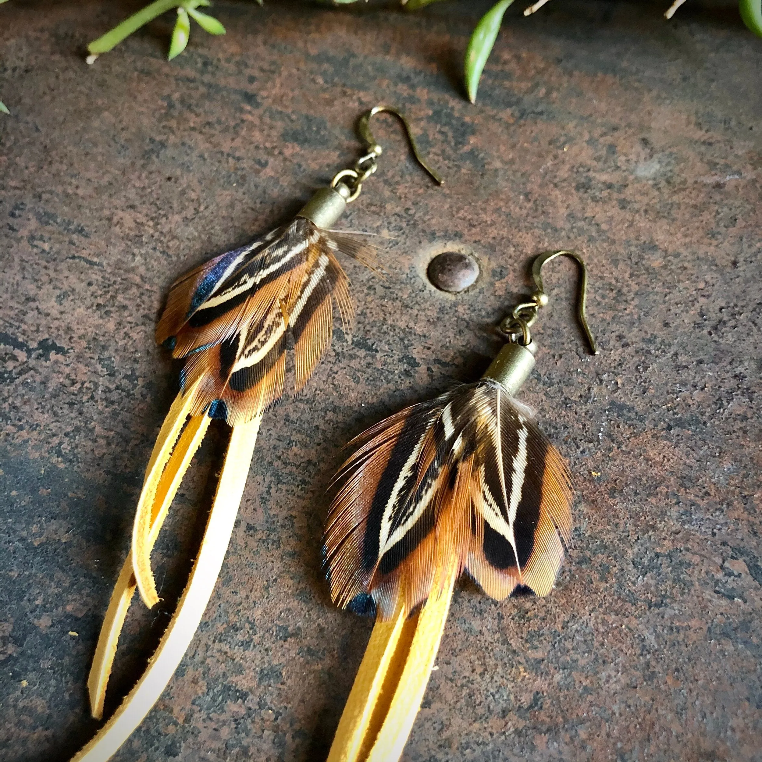 Earrings, Mini Feathers with Deerskin Tassels - SALE!