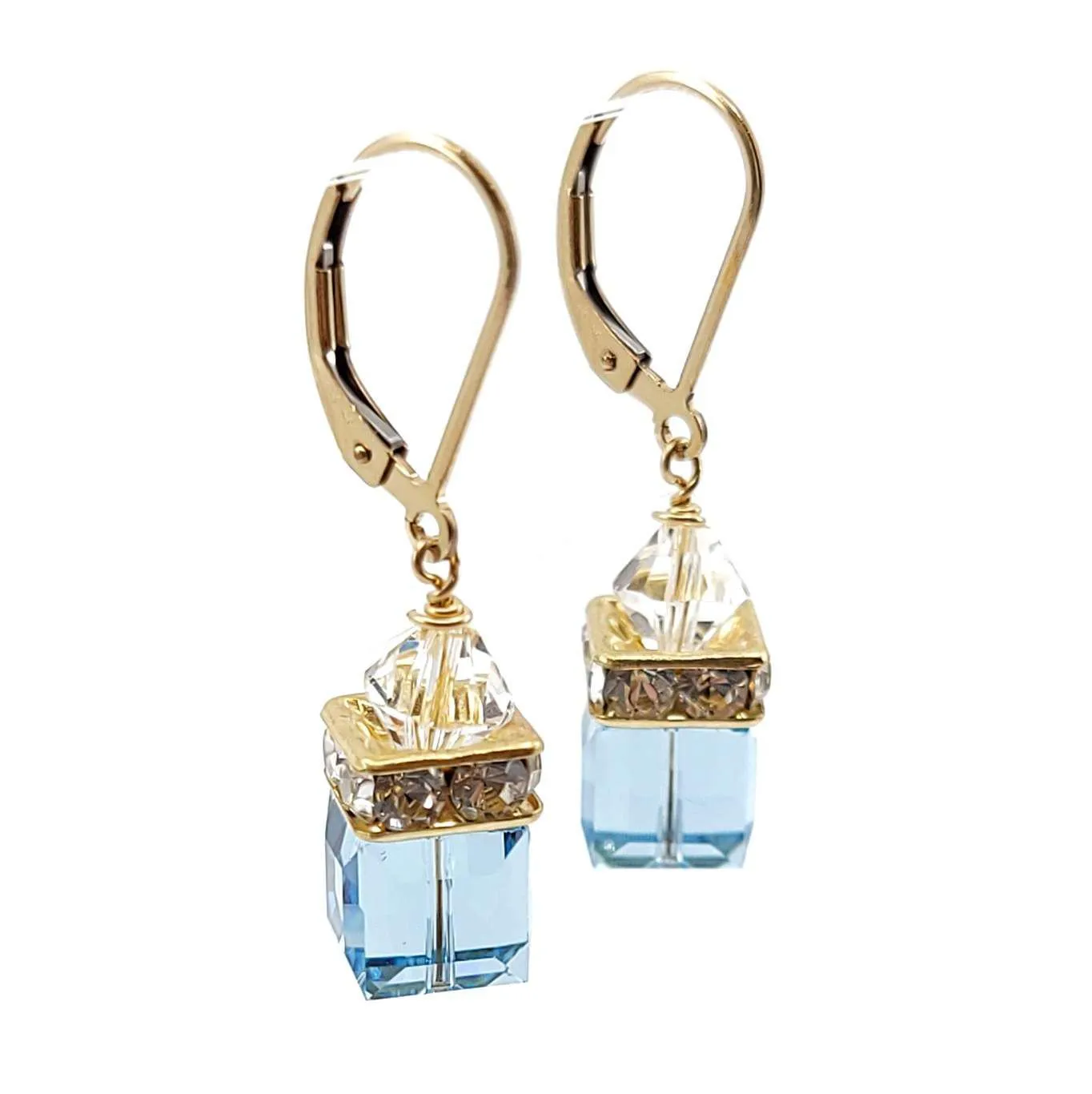 Earrings - Square Aquamarine Crystal with 14k Gold Fill Leverback by Sugar Sidewalk