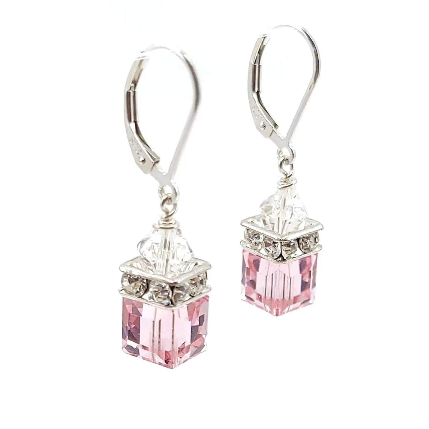 Earrings - Square Light Rose Crystal with Sterling Sterling Leverback by Sugar Sidewalk