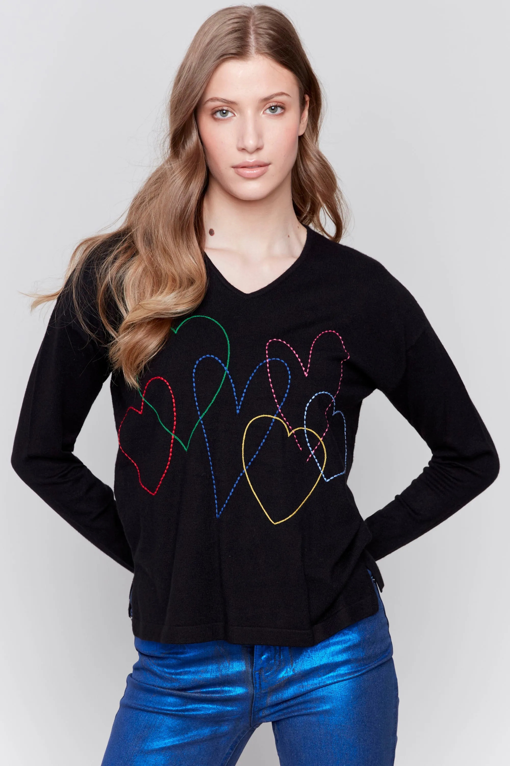 EMBROIDERED HEARTS LS V-NECK