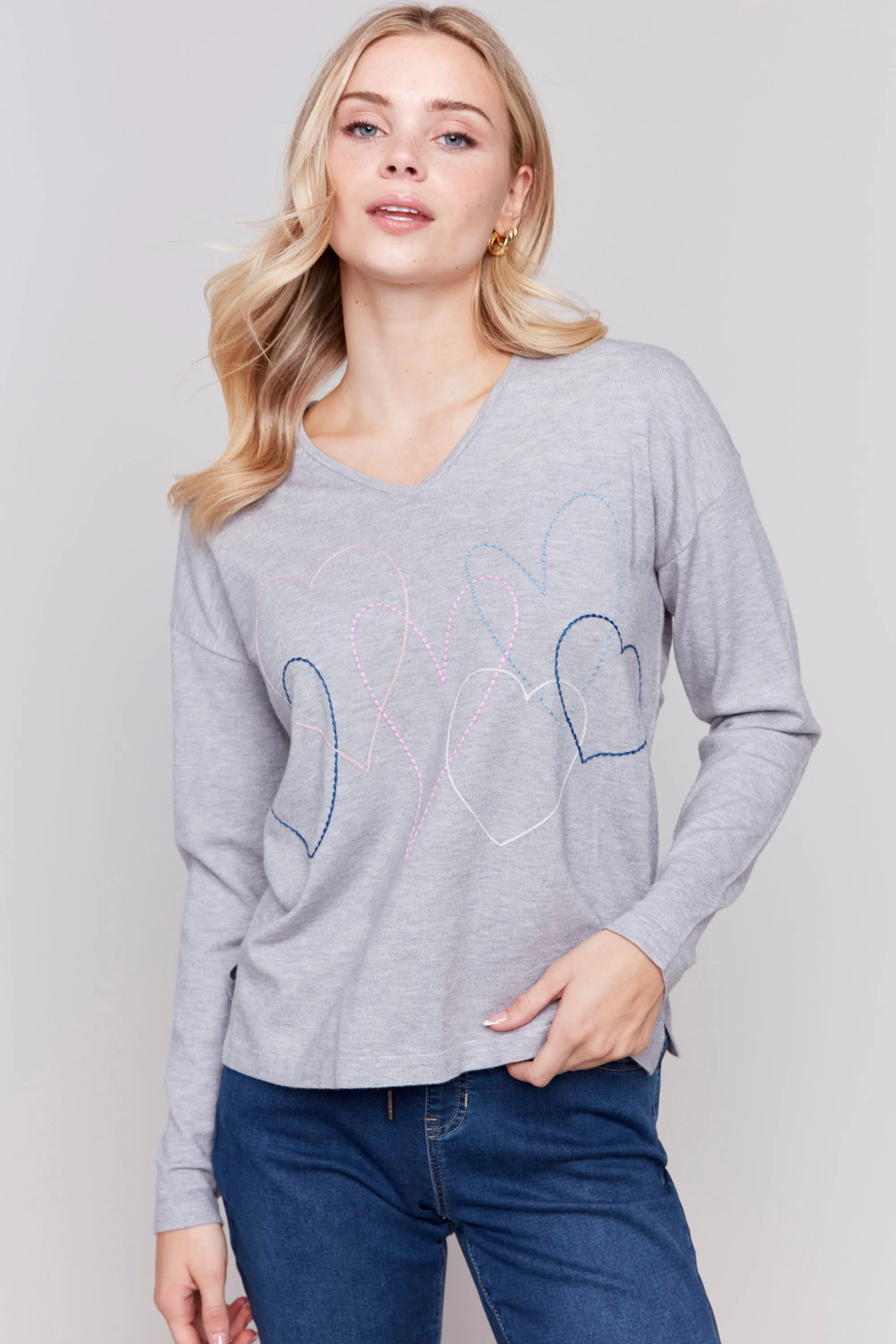 EMBROIDERED HEARTS LS V-NECK