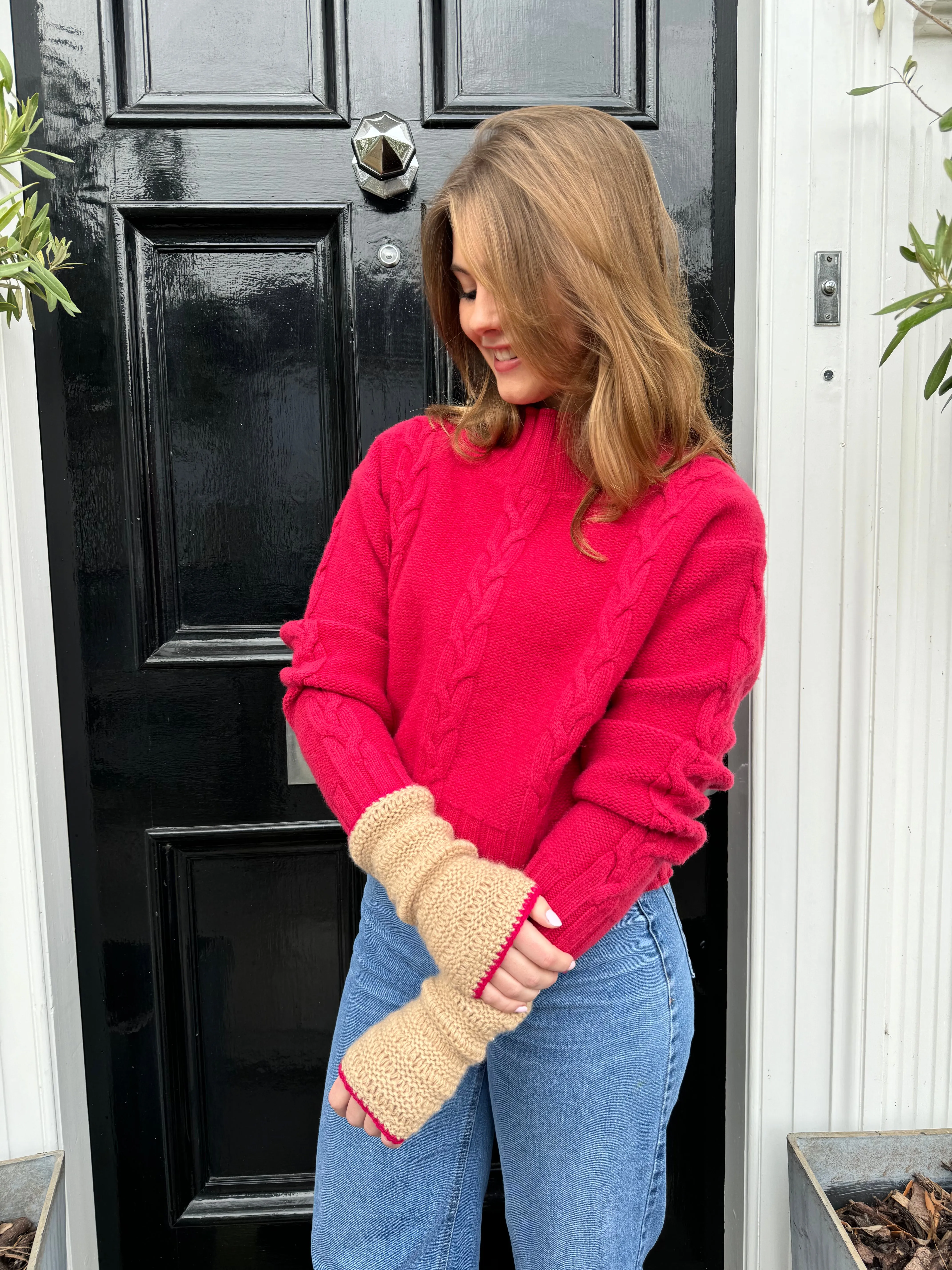 English Weather Raspberry/Camel Cashmere Wrist Warmers