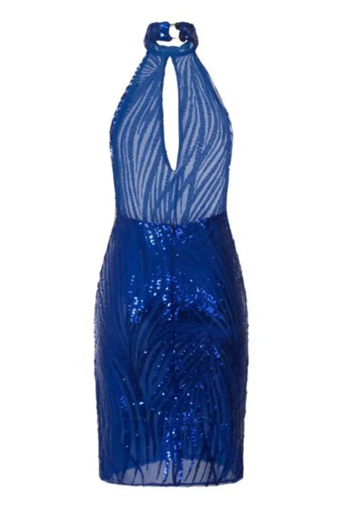 Erin Royal Blue Keyhole Backless Sheer Sequin Mesh Midi Dress