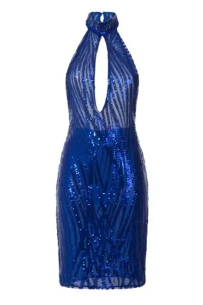 Erin Royal Blue Keyhole Backless Sheer Sequin Mesh Midi Dress