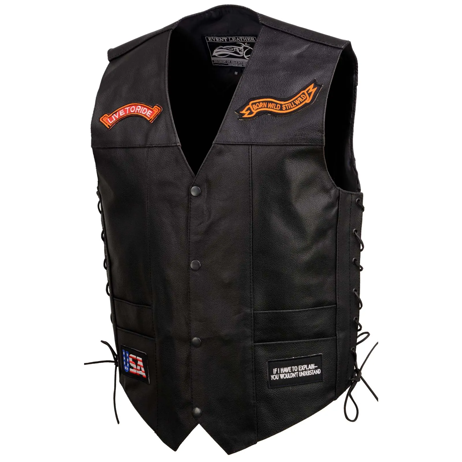 Event Leather Men’s Concealed Carry Motorcycle Vest Black with Patches ELM3930